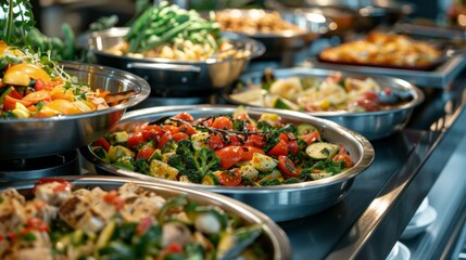 A variety of dishes presented in stainless steel bowls on a buffet table. Includes vegetables, pineapple slices, pasta with red sauce, and fried fish for a visually appealing display.