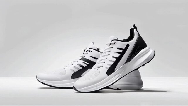 Pair of white sneakers with black decoration moves around on gray background 