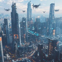 Naklejka premium A futuristic cityscape dominated by towering AI-powered skyscrapers By Generated AI