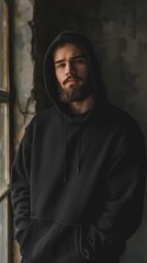 A bearded man in a black hoodie stands by a window in an abandoned room, exuding a solemn vibe. Broken walls add to the dramatic atmosphere.