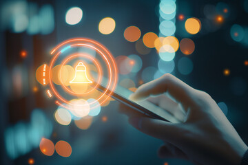 Hand Using Smartphone with Bell Notification Icon. Concept of Digital Marketing and Business Communication. Generative AI