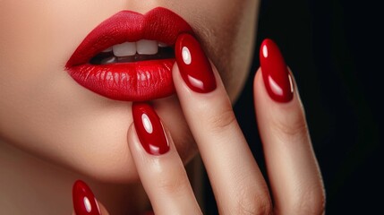 Naklejka premium Close-up image of a woman with red lipstick and nails, subtly touching her face. Dark background highlights details, creating an intimate and mysterious vibe.