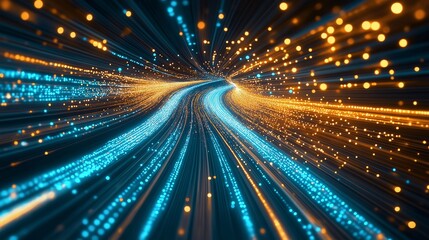 Fototapeta premium Abstract digital tunnel with vibrant blue and orange lights. Futuristic concept of speed, data transfer, and innovation in technology.