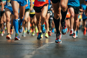 Naklejka premium Close-Up of Marathon Runners on City Road. Concept of Athletic Competition and Endurance. Runners on race track. Generative AI