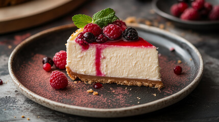 Berries jelly cheesecake slice on a plate photographic dessert.
