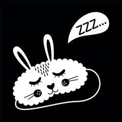 Black and white illustration of cute sleep mask. Rabbit eye mask night accessory relax rest while traveling. ZZZ snoring symbol World Sleep Day
