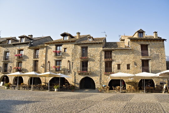 detail of a group of houses in the main square of ainsa