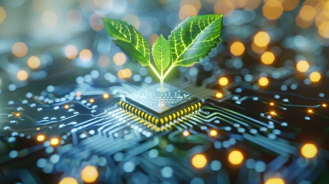 Digital Flora, a vibrant plant emerging from a computer chip symbolizes the fusion of nature and technology, showcasing the potential of digital ecology and sustainable innovation.
