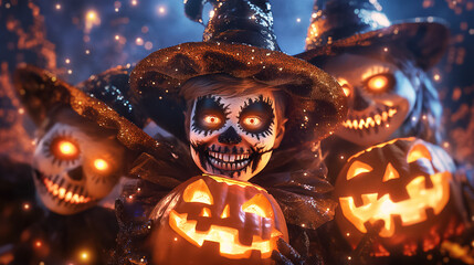 Three eerie figures dressed as witches showcase their intricately painted skull faces while holding glowing jack-o-lanterns amidst a misty night atmosphere