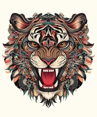 Obraz premium A vibrant, artistic depiction of a tiger's head with intricate patterns and colors.