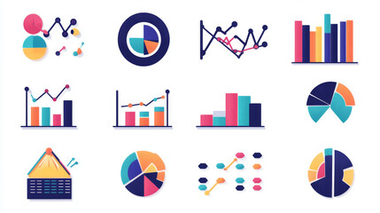 A collection of flat icons representing various aspects of data analysis. The set includes icons such as graphs, bar charts, pie charts, line charts, statistical data, analytics symbols, growth indica