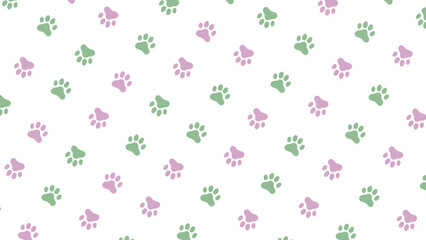 Green and purple  seamless pattern of dog or cat paw print for t-shirts, backgrounds, patterns, websites, showcases design, greeting cards, child prints, wallpapers etc