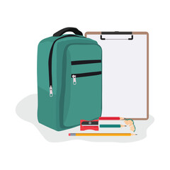 Vector illustration set of school backpack in cartoon flat style. School stationery. Education tool supply bag, clipboard, book, pencils, eraser, sharpener, ballpoint. Icon set education business.