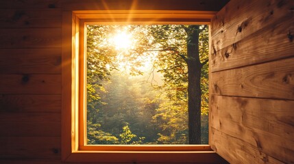 Hole in a wooden cabin wall showing sunlight filtering through the trees outside
