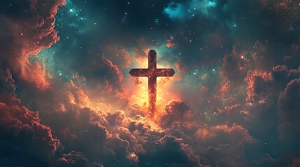 Abstract wallpaper of a Cross in heavenly, ethereal clouds and shining lights. Cross background symbolizing prayer, heaven, or spirituality. generative ai