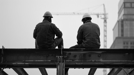 Two Construction Workers Sitting on Steel Beams - Grayscale Back View with Hard Hats