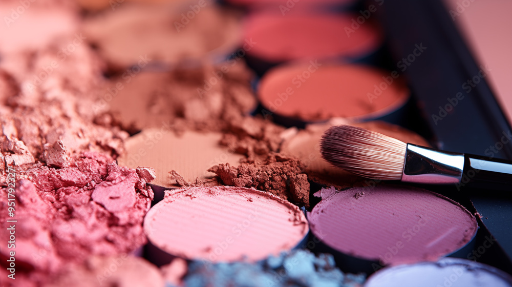 Wall mural detailed macro shot of a cosmetic palette highlighting beauty tools and textures. fluffy makeup brus