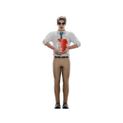Cartoon Illustration of a Male Teacher. The male teacher is standing with both hands holding a pile of books in front of his chest. 3D Style
