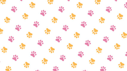 Pink and yellow  seamless pattern of dog or cat paw print for t-shirts, backgrounds, patterns, websites, showcases design, greeting cards, child prints, wallpapers etc