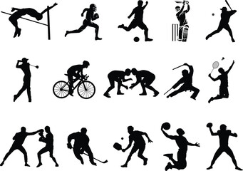 Set of Vector Silhouettes of Sports. Sports Silhouettes. Sports Icon. Fancy Games Vector silhouettes. Action Sport Silhouette. Cricket, Football, Soccer, Baseball, Hockey, and Silhouettes