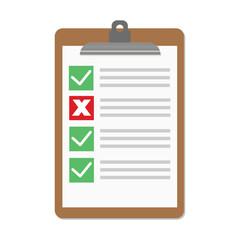 Vector illustration set of checklist document in cartoon flat style. Checklist on clipboard. Marking checkmark on paper check-list. Filling questionnaire, survey form, document, choosing option