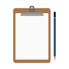 Vector illustration of wooden clipboard with blank document in cartoon flat stye. White paper with pencil, eraser, business stationery supply icon, 