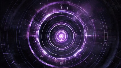 Fototapeta premium Abstract purple glowing circular pattern on a black background.