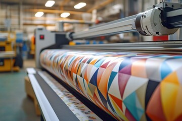 Large wide digital inkjet printing machine during production. Generative Ai.
