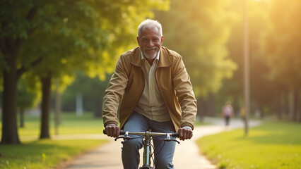 Fototapeta premium older man on a bicycle for a walk in the park 