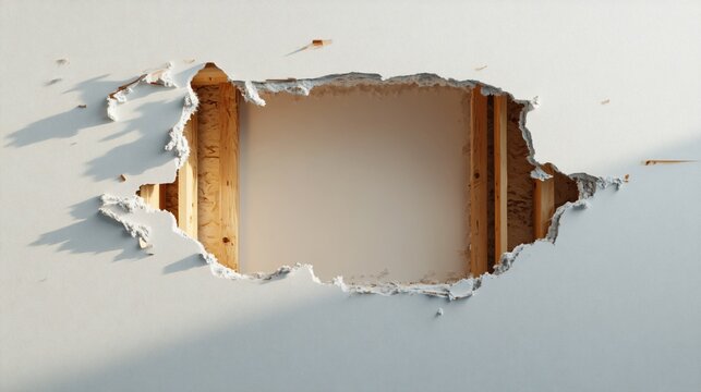 Realistic hole in a painted drywall with exposed insulation and wooden studs
