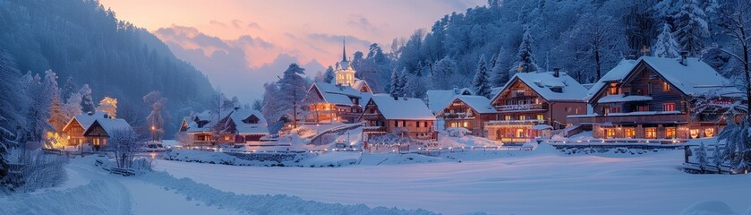 A serene winter landscape featuring snow-covered cabins, twinkling lights, and tranquil mountains under a soft pastel sky.