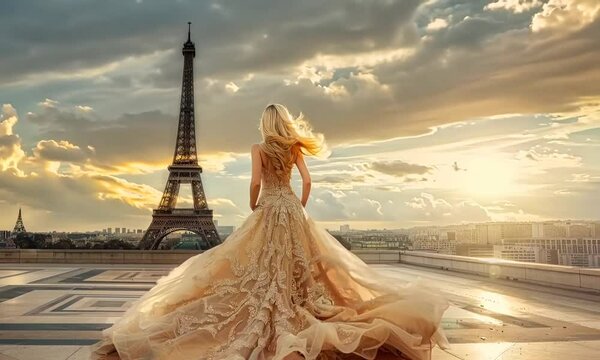 woman with eiffel tower in paris on background