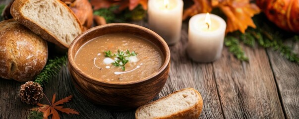 A rustic table set with warm soup and bread, surrounded by the crisp colors of autumn and cozy candlelight