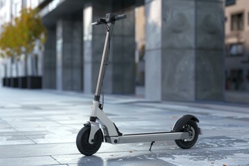 Electric scooter is parked on a city street, showcasing the convenience and eco friendly transportation option for urban environments