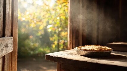 Fototapeta premium A warm, rustic kitchen with a pie cooling on the counter, crisp autumn air flowing in from a nearby open door
