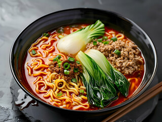 Spicy Ramen Noodles with Bok Choy and Ground Pork - Food Photography