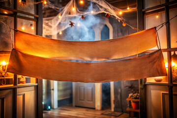 Spooky Halloween Decor With  Cobwebs And  Lights.