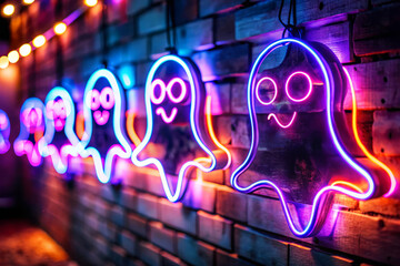 Neon Ghost Sign On Brick Wall For Halloween Decor