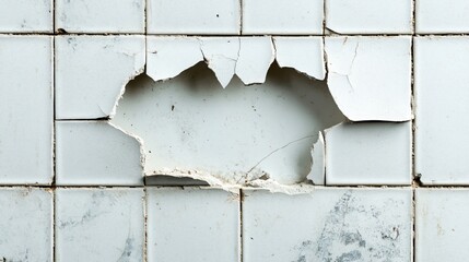 Shattered hole in a ceramic tile wall showing a rough, uneven surface beneath