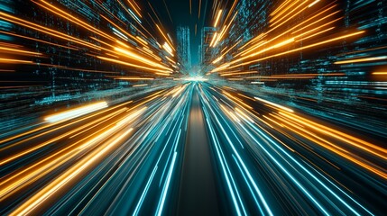 Fototapeta premium Dynamic long exposure photo capturing colourful light trails in a cityscape, symbolizing high-speed motion and futuristic technology.