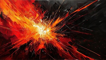 An abstract, digital art painting of an explosion with orange, red and white colors with a black background.