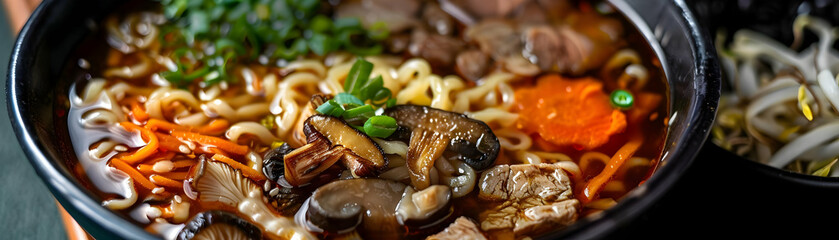 Fototapeta premium Delicious Bowl of Ramen Noodles with Mushrooms, Carrots, and Green Onions - Food Photography