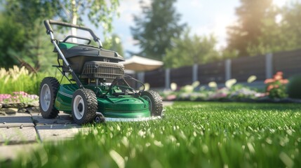A green lawn mower is on a lush green lawn