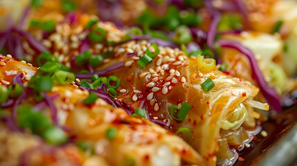 Closeup of Delicious Sesame-Topped Spring Rolls with Red Cabbage and Green Onion