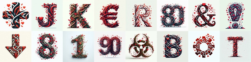 Twisted Branches and Red Hearts Lettering Typeface. AI generated illustration