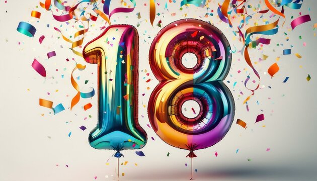 Birthday / anniversary balloon, number 18, white background with confetti