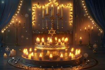 Obraz premium A beautifully lit candle arrangement with festive decorations, creating a magical atmosphere of celebration and warmth.