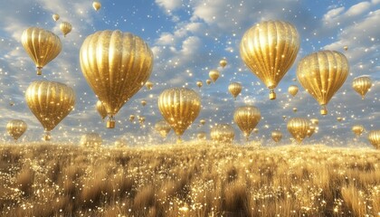 Obraz premium Romantic Golden Hot Air Balloon: Abstract Valentine's Day Dream Design. Elegant Minimalist Composition with Sky, Flight, and Aspirations. Versatile Template for Posters, UI, Web, and Marketing Project