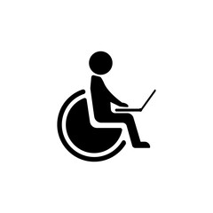 A person in a wheelchair working at a computer. Vector icon.