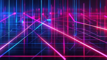 Abstract neon light beams crossing in a futuristic digital space with glowing lines and dots.